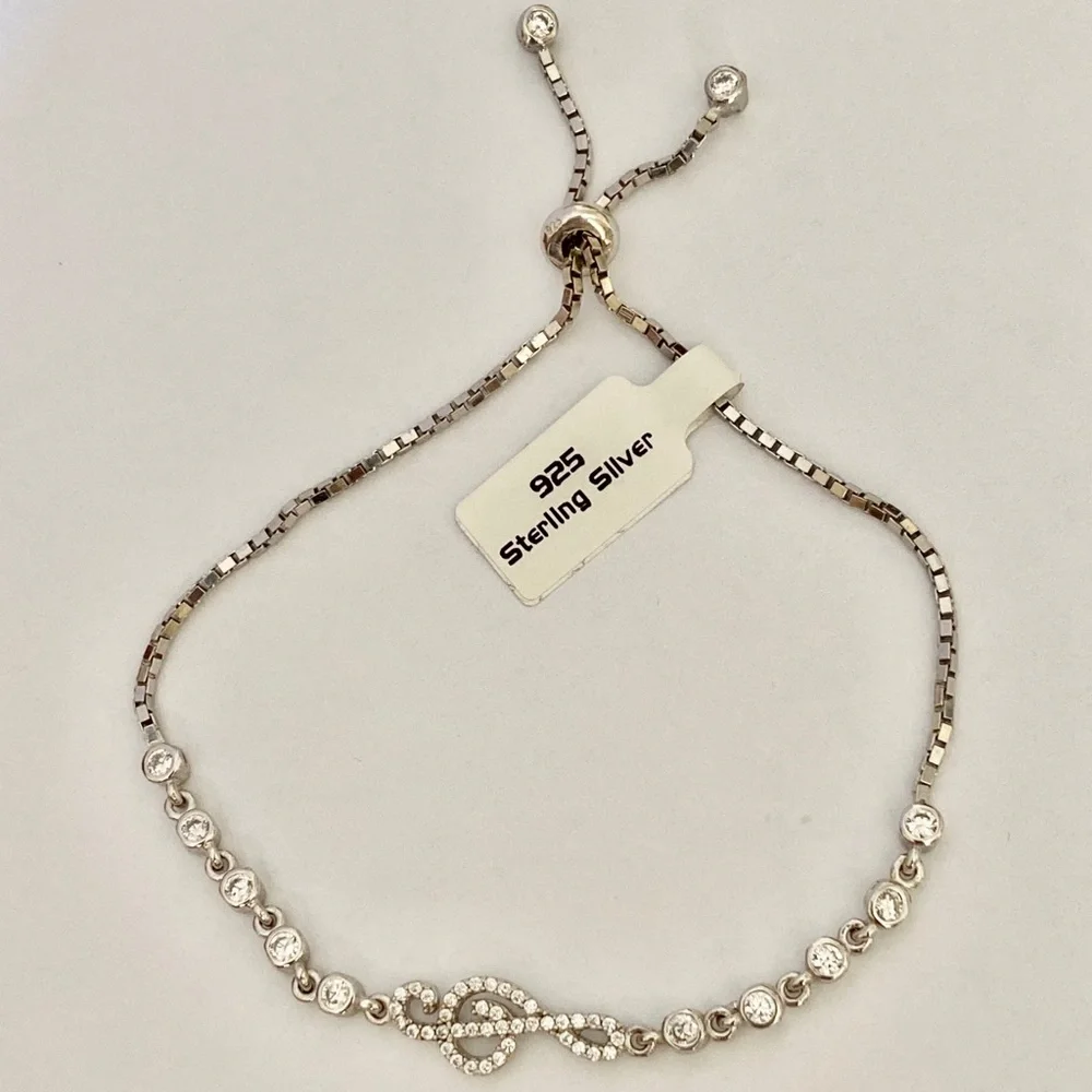 🎶 925 Silver slider bracelet tennis music treble clef cubic zirconia cz stones